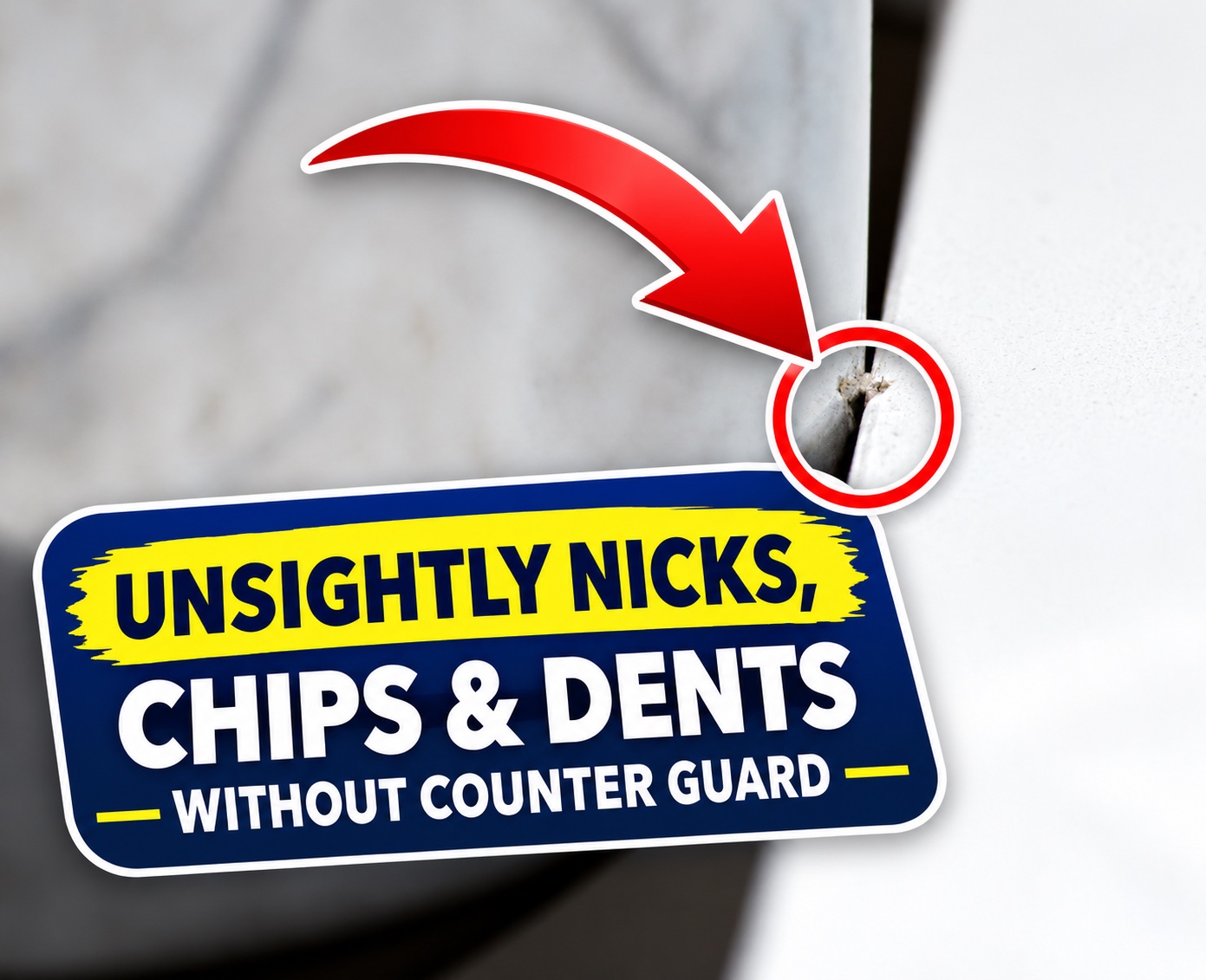 Unsightly nicks, chips and dents on an unprotected undermount-sink counter edge — the damage Counter Guard prevents